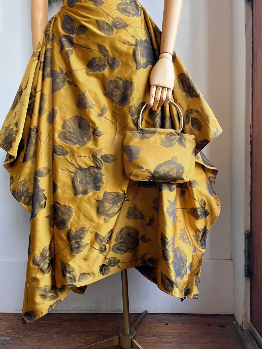 Zero-Waste Dress in Honey Gold and Black Rose Jacquard - Image 5
