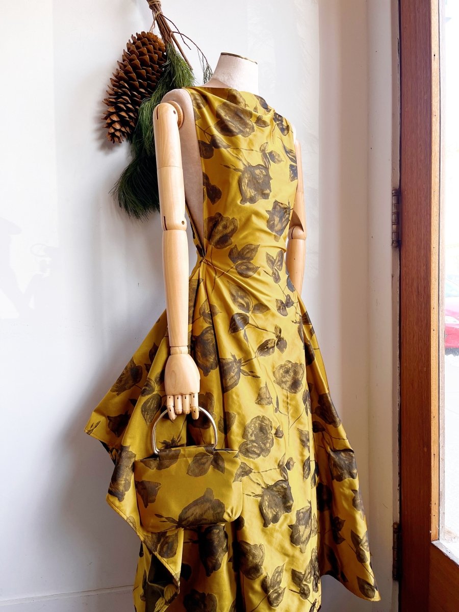 Zero-Waste Dress in Honey Gold and Black Rose Jacquard - Image 9