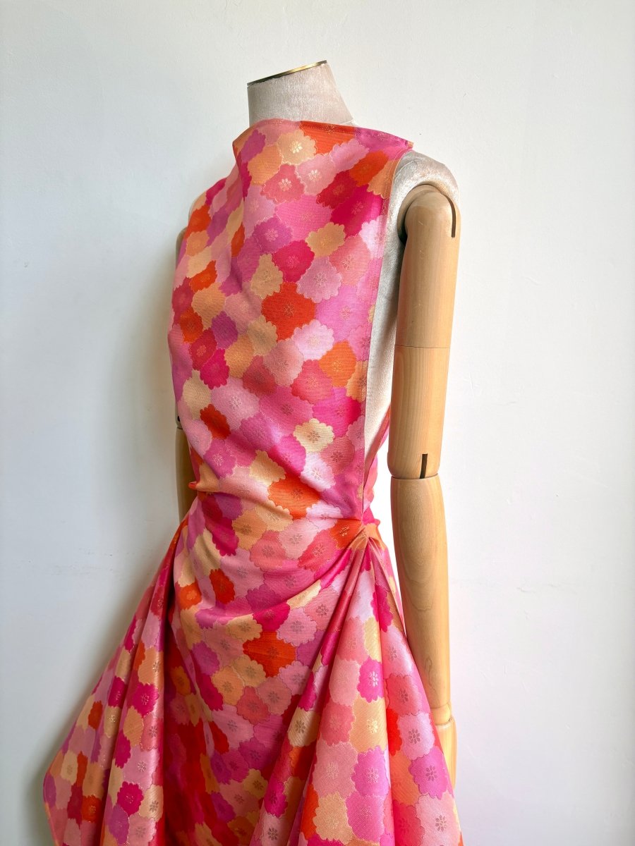 Zero-Waste Dress in Pink, Orange and Gold Metallic Floral Jacquard - Image 3