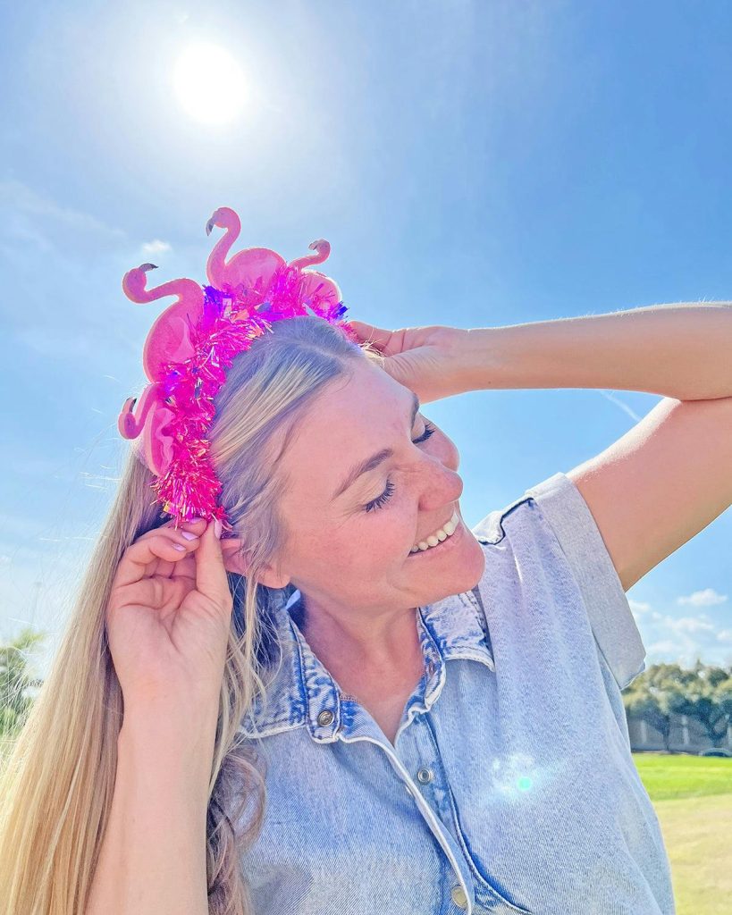 Packed Party Flamingo Party Novelty Headband - Pink Tinsel with 3D Glitter Flamingos for Beach, Pool, and Bachelorette Parties, 8.5x9.5 Inch, One Size