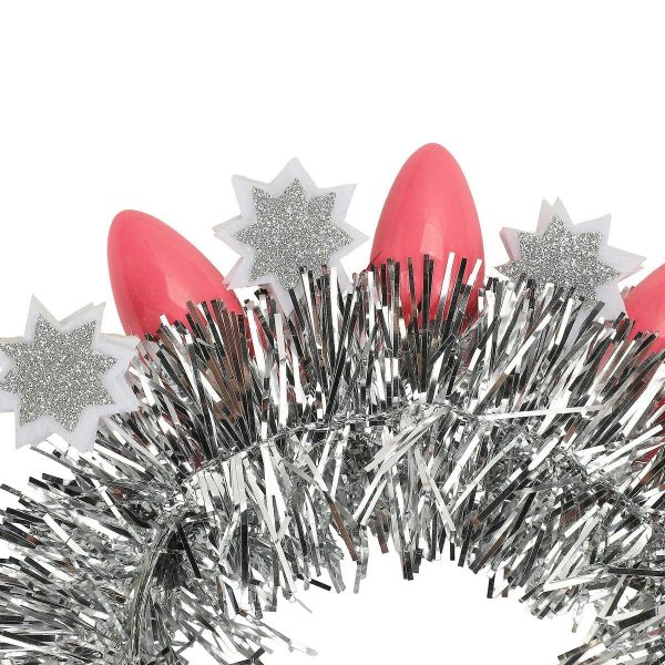 Packed Party Tinsel Topper Christmas Light Novelty Headband - Silver Tinsel with Pink Christmas Lights and Silver Glitter Stars for Holiday Parties, One Size - Image 6