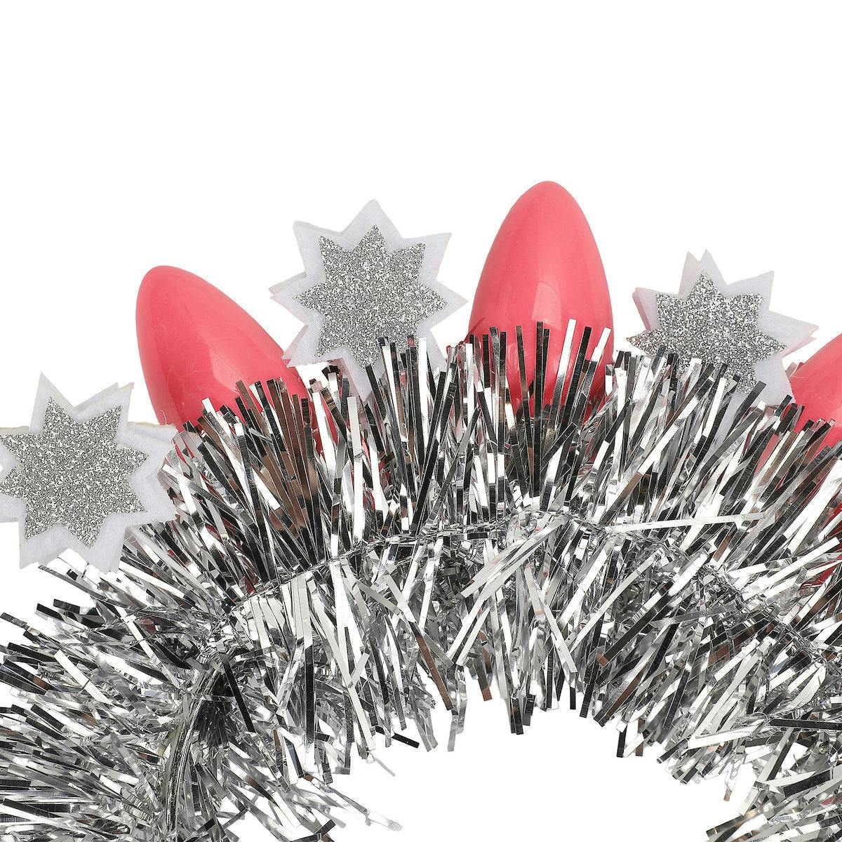 Packed Party Tinsel Topper Christmas Light Novelty Headband - Silver Tinsel with Pink Christmas Lights and Silver Glitter Stars for Holiday Parties, One Size - Image 6