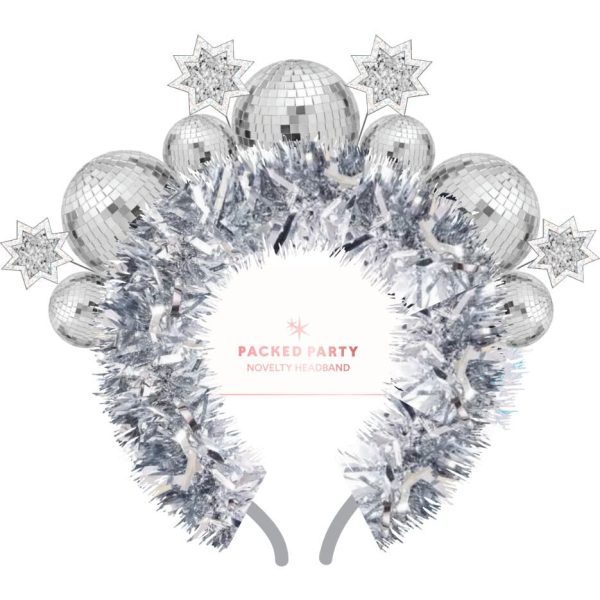 Packed Party Disco Ball Novelty Headband - Silver Tinsel Satin Headband with Multi-Size Disco Balls and Silver Glitter Stars, One Size Fits All - Image 12