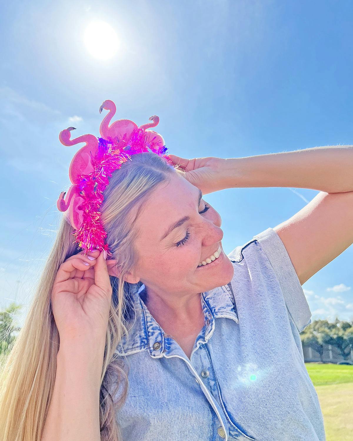 Packed Party Flamingo Party Novelty Headband - Pink Tinsel with 3D Glitter Flamingos for Beach, Pool, and Bachelorette Parties, 8.5x9.5 Inch, One Size - Image 5