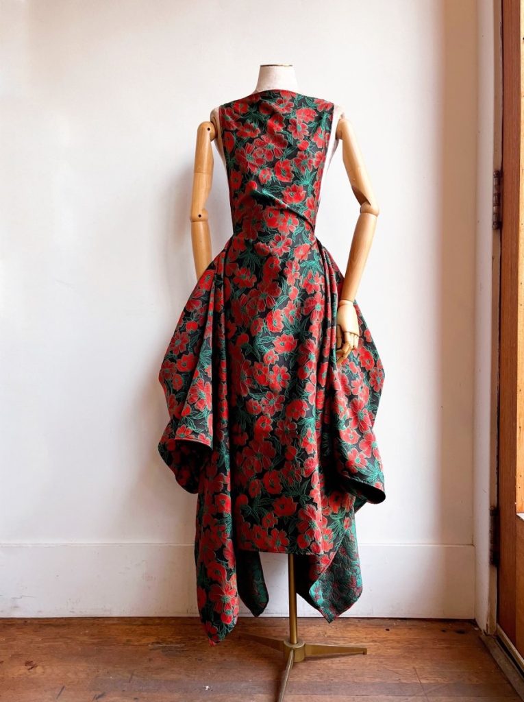 Zero-Waste Dress in Black, Red and Green Brocade Floral