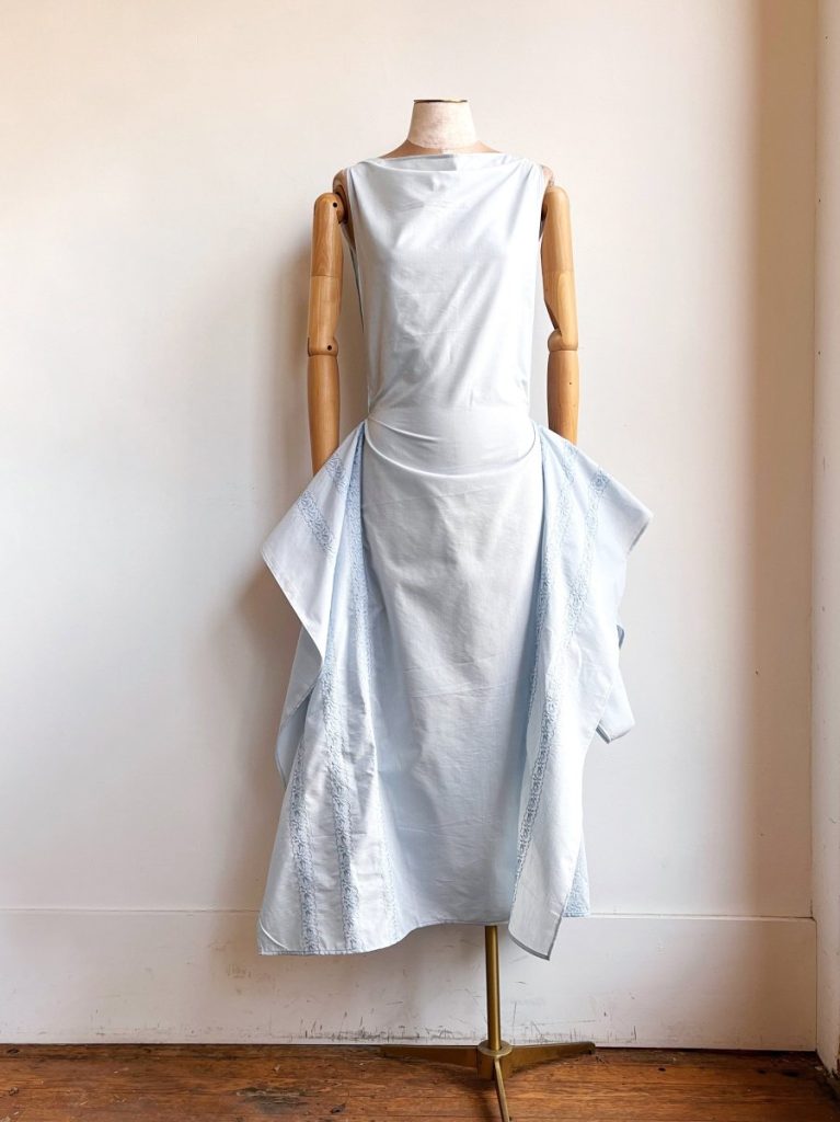 Pale Blue Zero-Waste Dress w/ Floral Embroidery