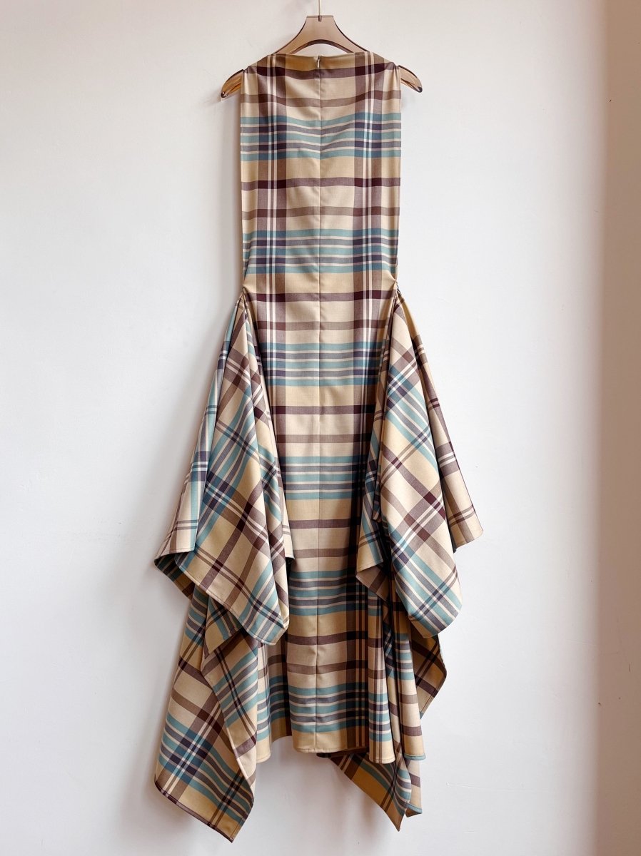 Zero-Waste Dress in Khaki, Sky Blue and Brown Plaid - Image 7