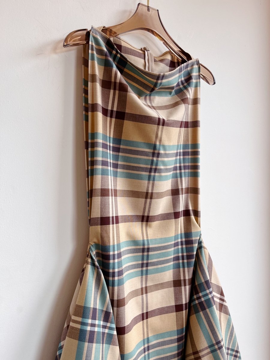 Zero-Waste Dress in Khaki, Sky Blue and Brown Plaid - Image 6