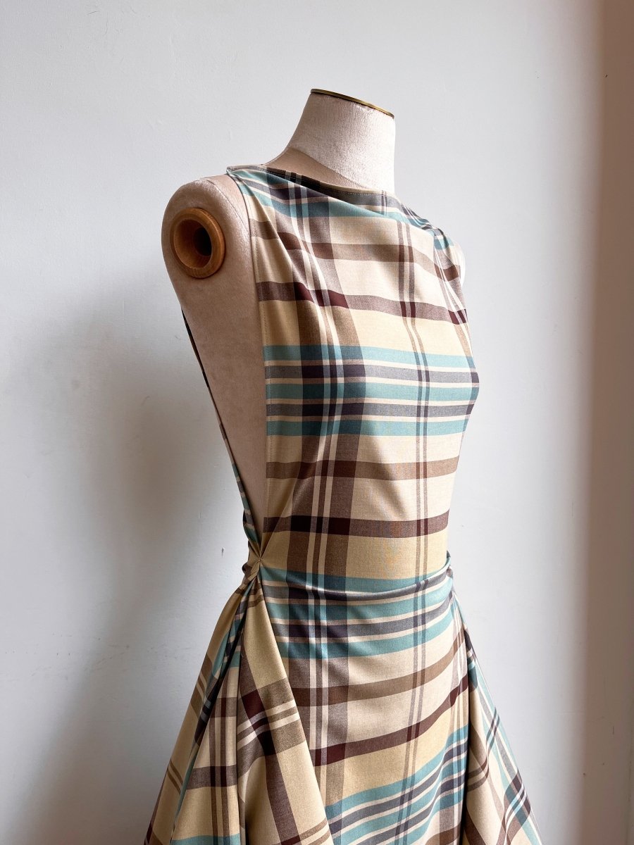 Zero-Waste Dress in Khaki, Sky Blue and Brown Plaid - Image 2