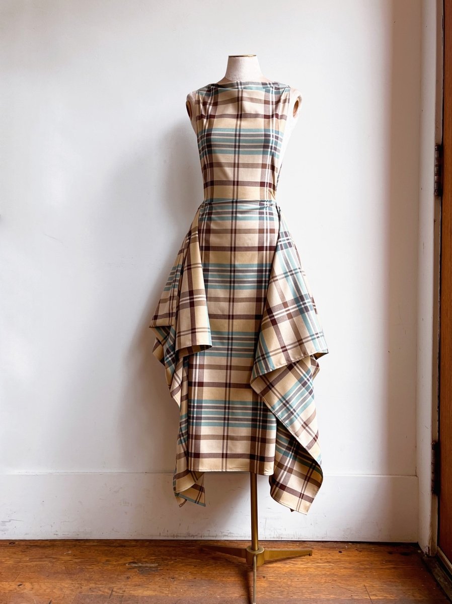 Zero-Waste Dress in Khaki, Sky Blue and Brown Plaid