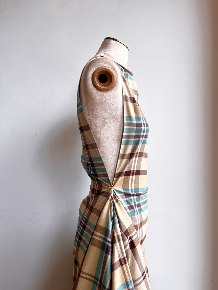 Zero-Waste Dress in Khaki, Sky Blue and Brown Plaid - Image 3