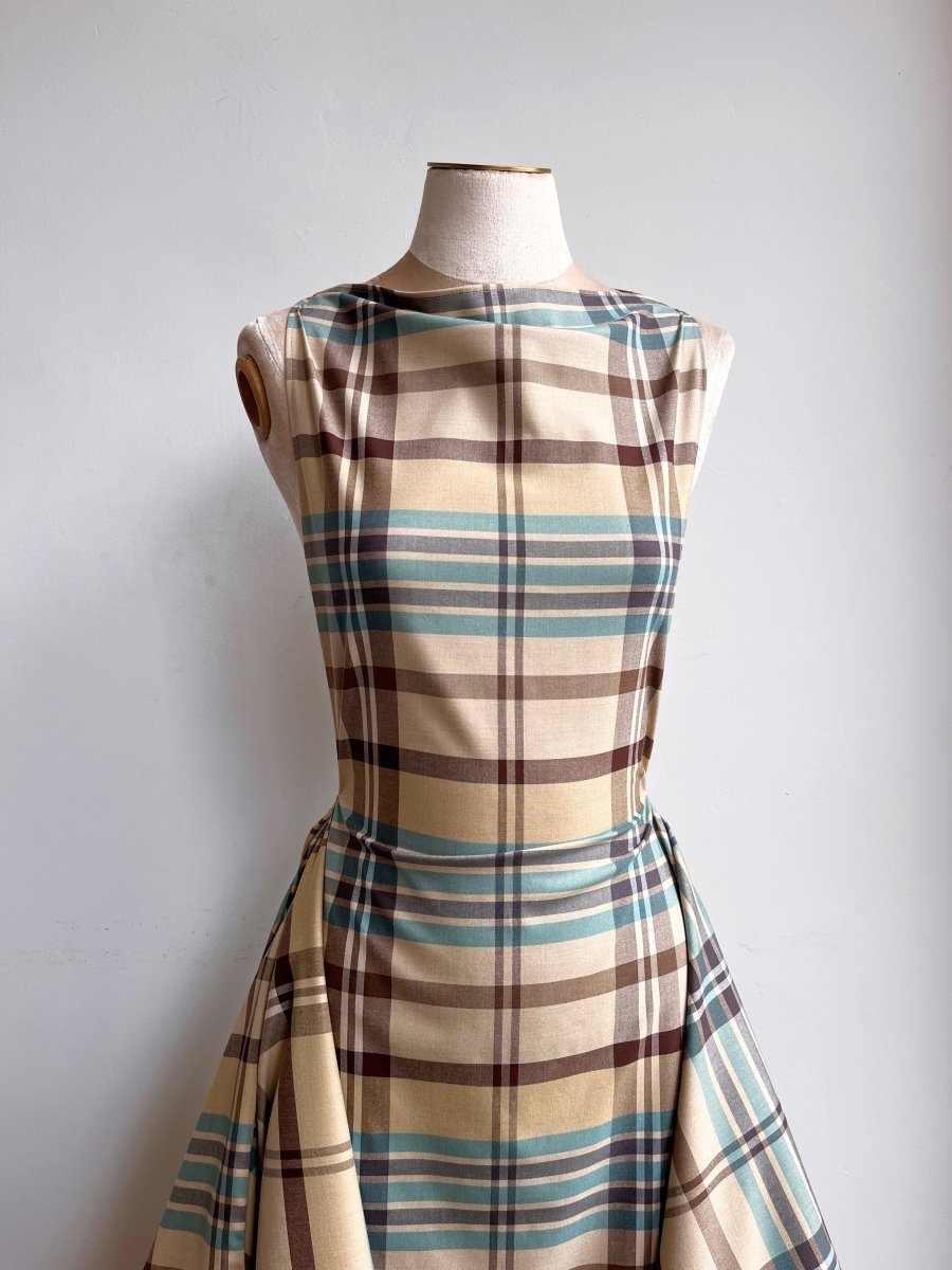Zero-Waste Dress in Khaki, Sky Blue and Brown Plaid - Image 4