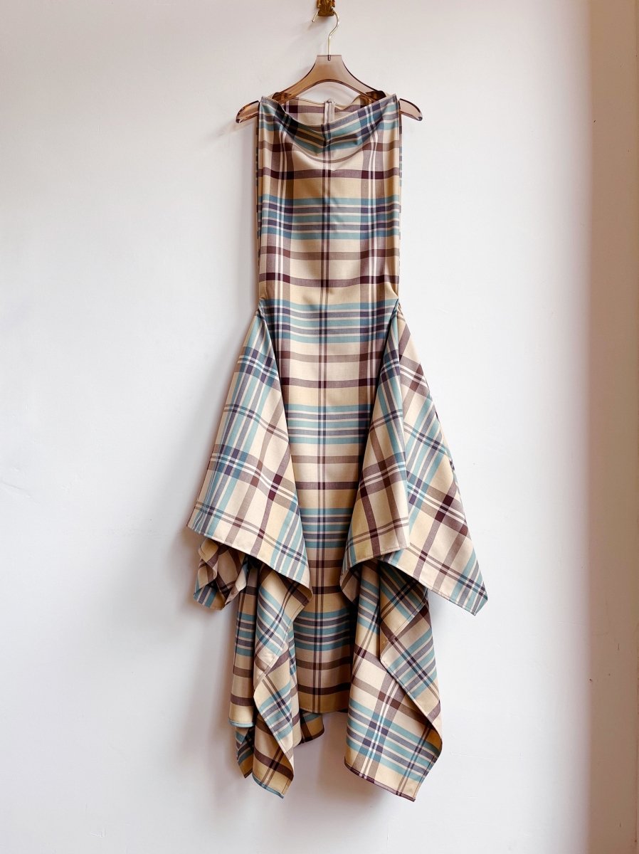 Zero-Waste Dress in Khaki, Sky Blue and Brown Plaid - Image 5