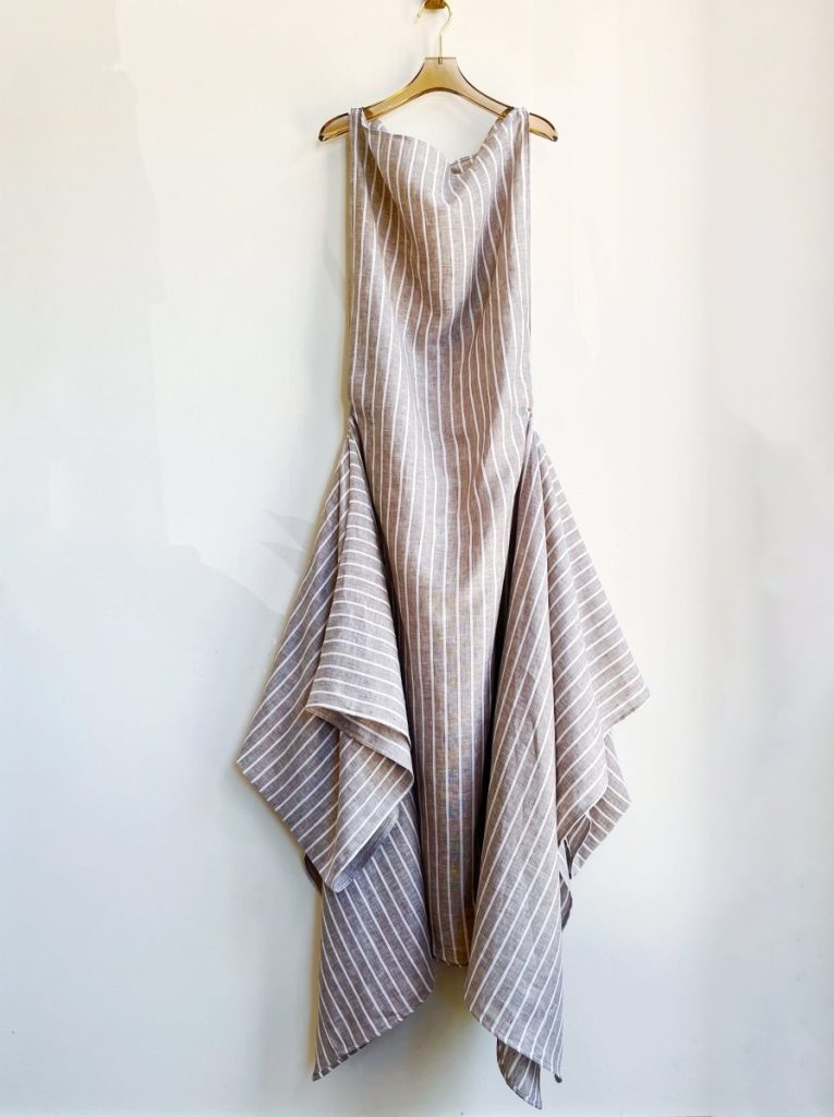 Zero-Waste Dress in Brown Pinstripe Linen