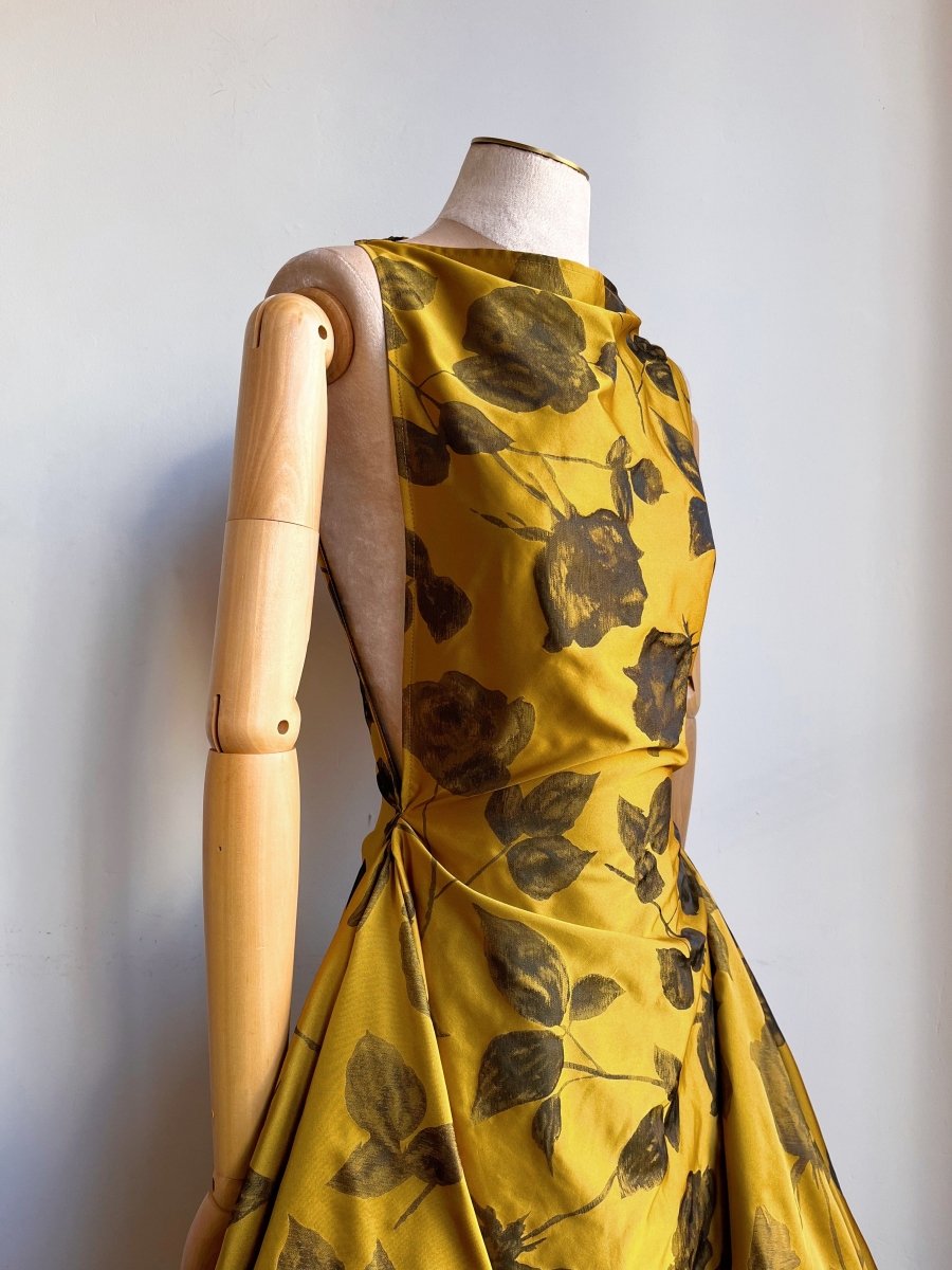 Zero-Waste Dress in Honey Gold and Black Rose Jacquard - Image 3