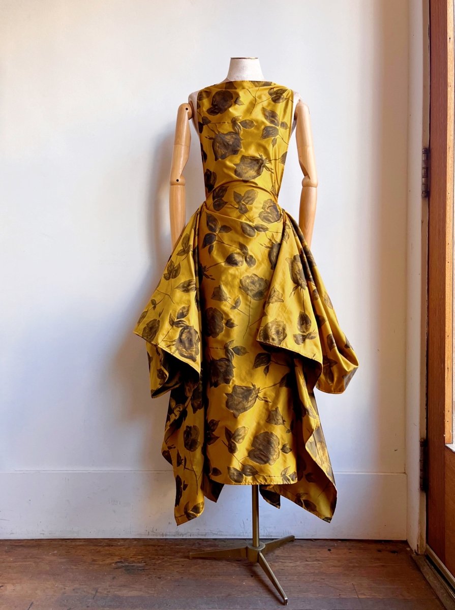 Zero-Waste Dress in Honey Gold and Black Rose Jacquard