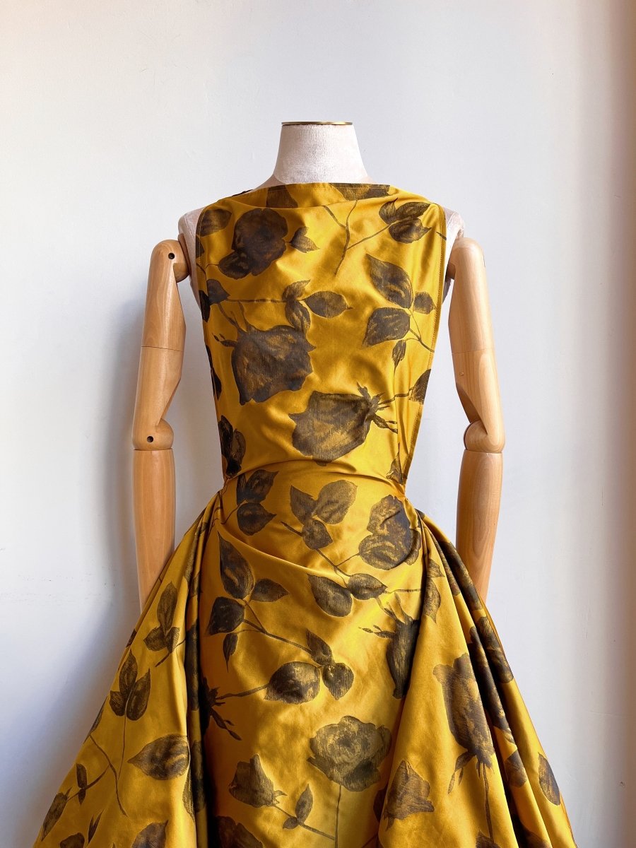 Zero-Waste Dress in Honey Gold and Black Rose Jacquard - Image 2