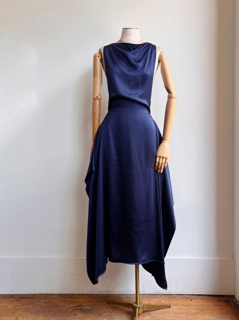Zero-Waste Dress in Textured Navy Blue Silk Charmeuse