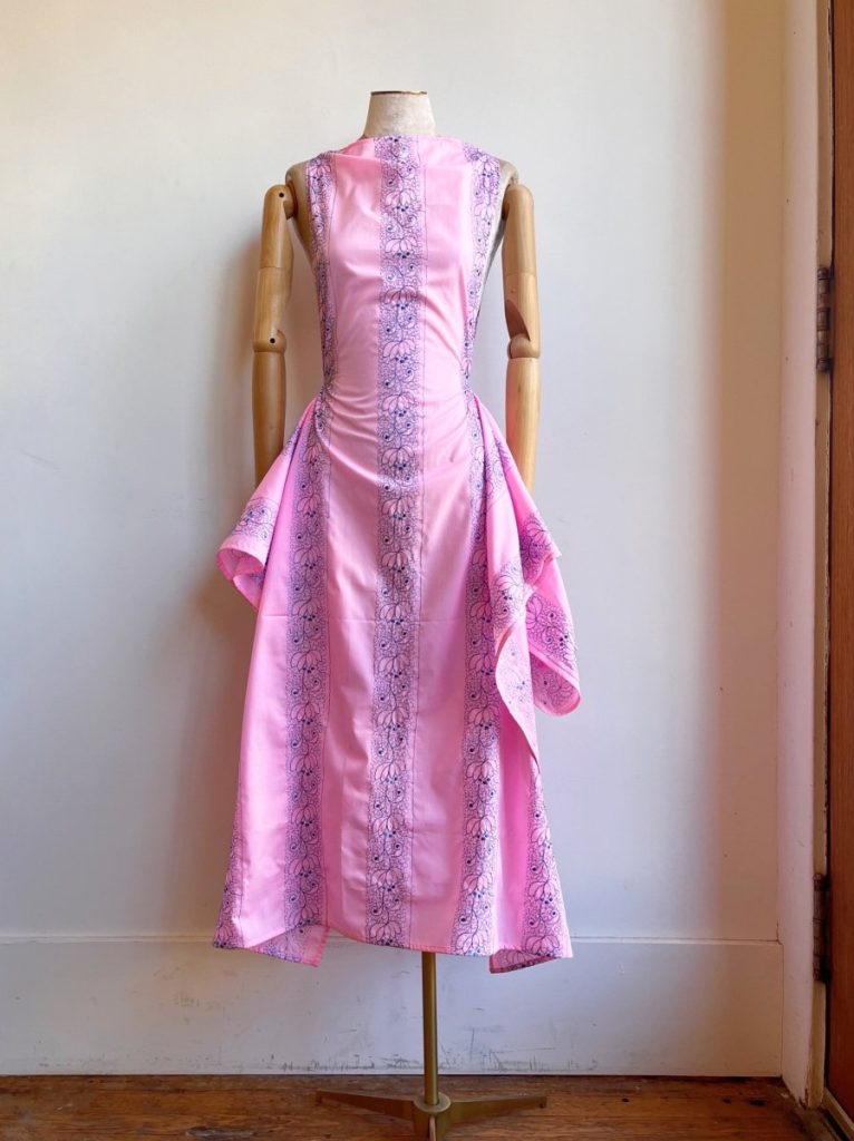 Zero-Waste Dress in Pink w/ Blue Embroidered Floral Motif