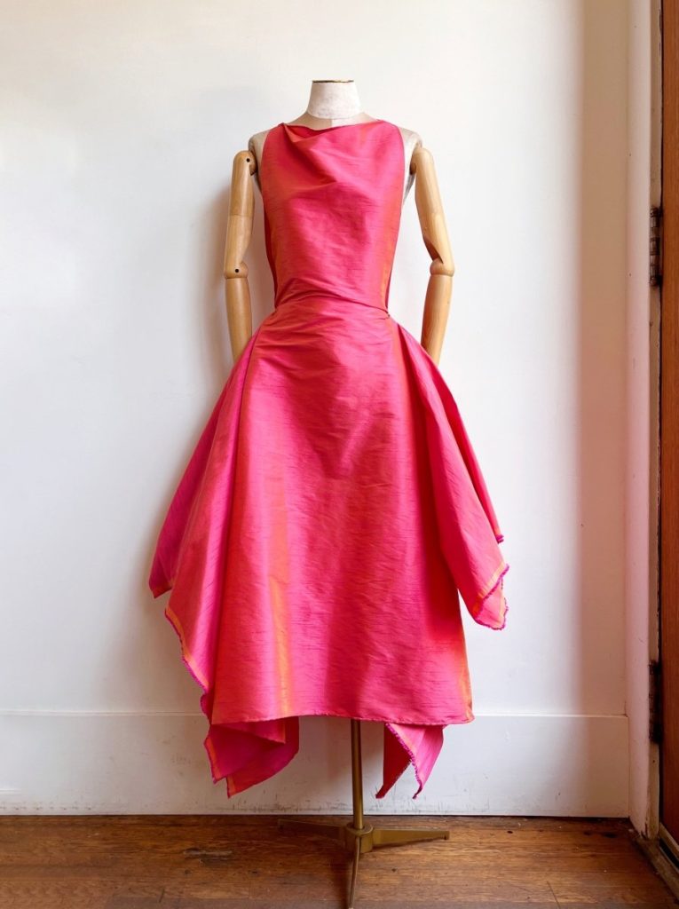Zero-Waste Dress in Watermelon Pink Iridescent Dupioni