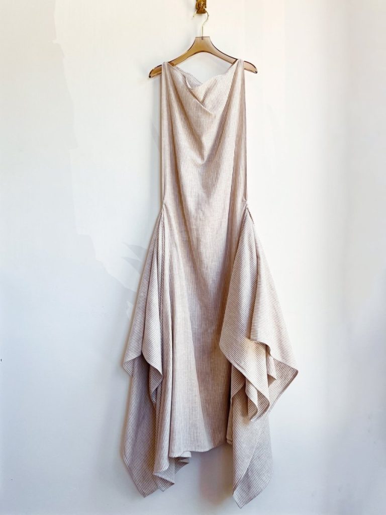 Zero-Waste Dress in White & Tan Mini-Stripe