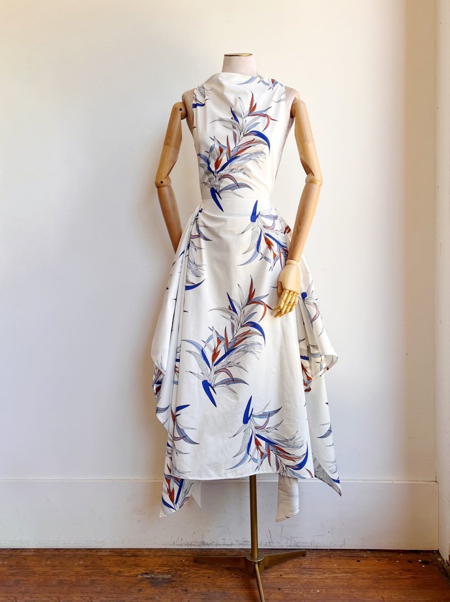 White, Blue and Orange Tropical Print Zero-Waste Dress