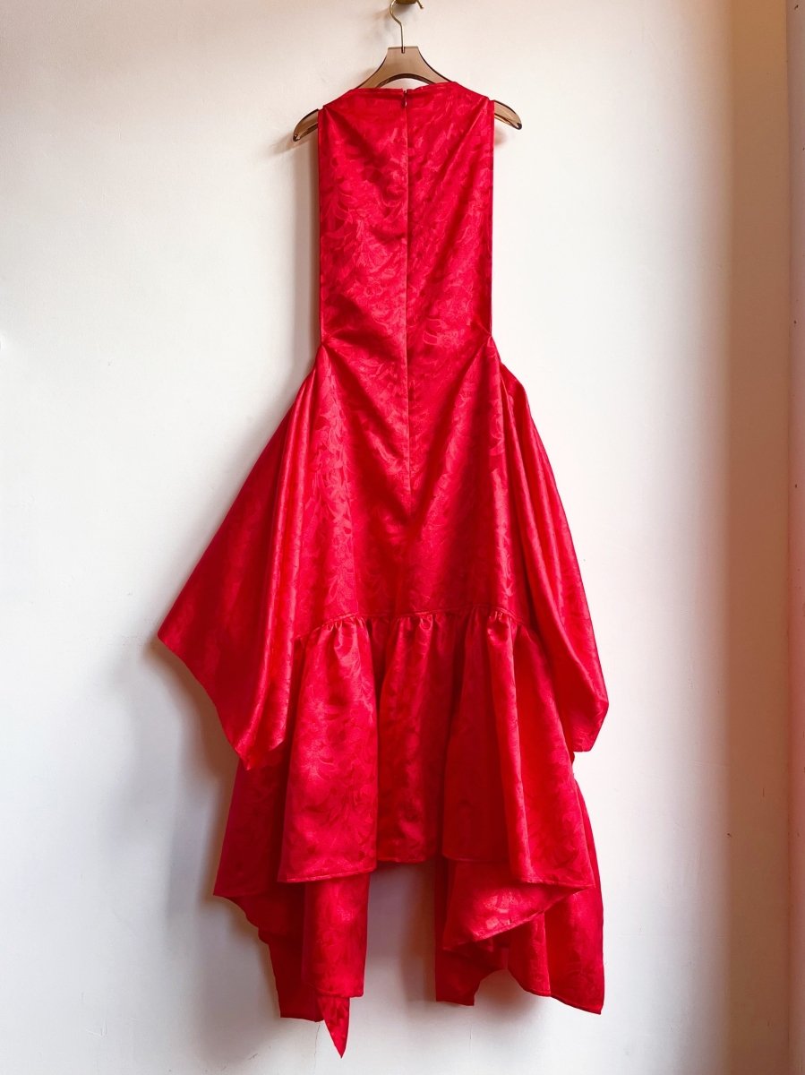 Zero-Waste Ruffle Dress in Red Floral Silk Jacquard - Image 7