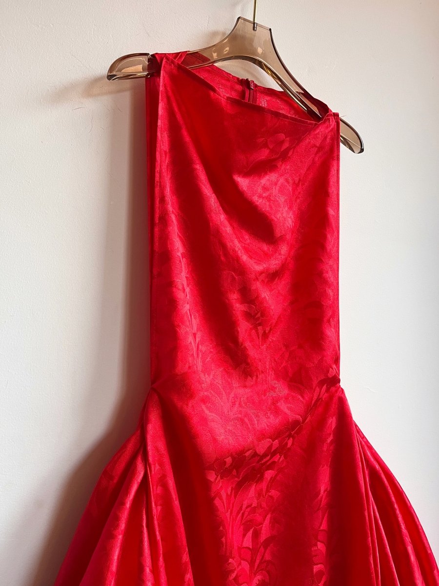 Zero-Waste Ruffle Dress in Red Floral Silk Jacquard - Image 5