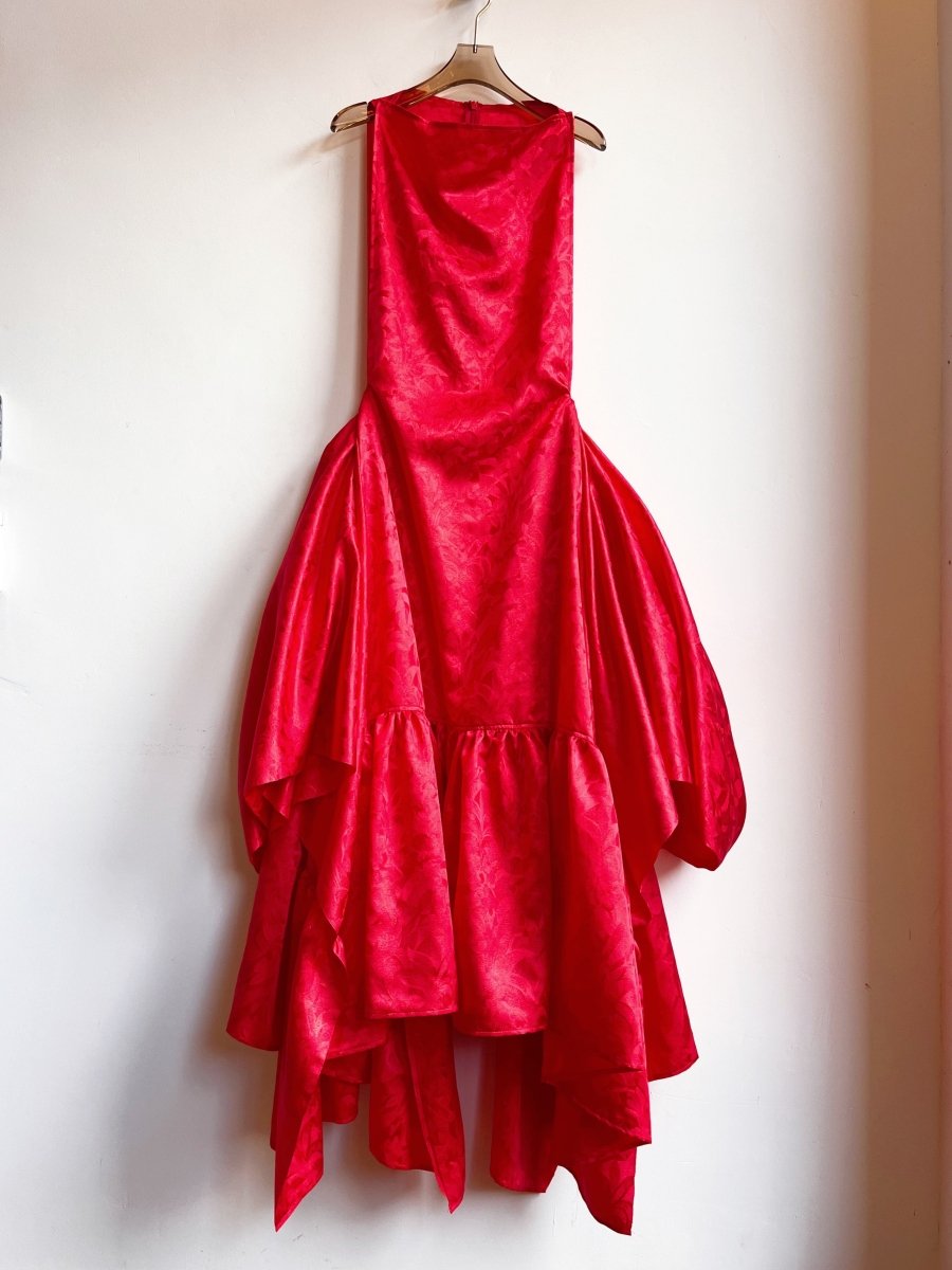 Zero-Waste Ruffle Dress in Red Floral Silk Jacquard - Image 4