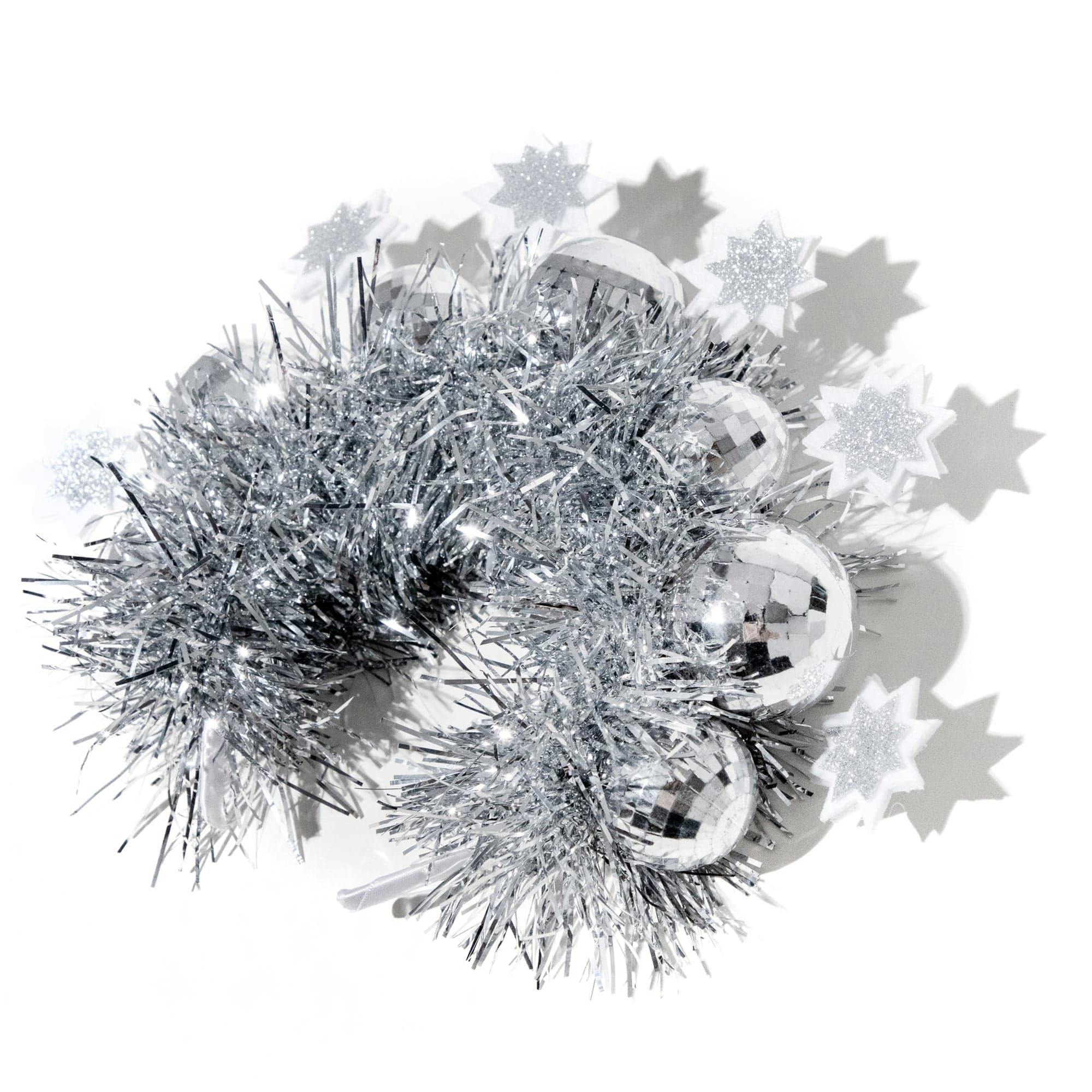 Packed Party Disco Ball Novelty Headband - Silver Tinsel Satin Headband with Multi-Size Disco Balls and Silver Glitter Stars, One Size Fits All - Image 8