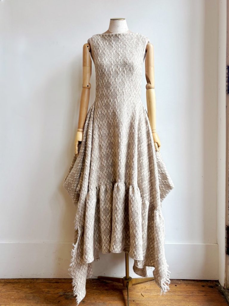 Zero Waste Ruffle Dress in Cream Textured Diamond Weave Print