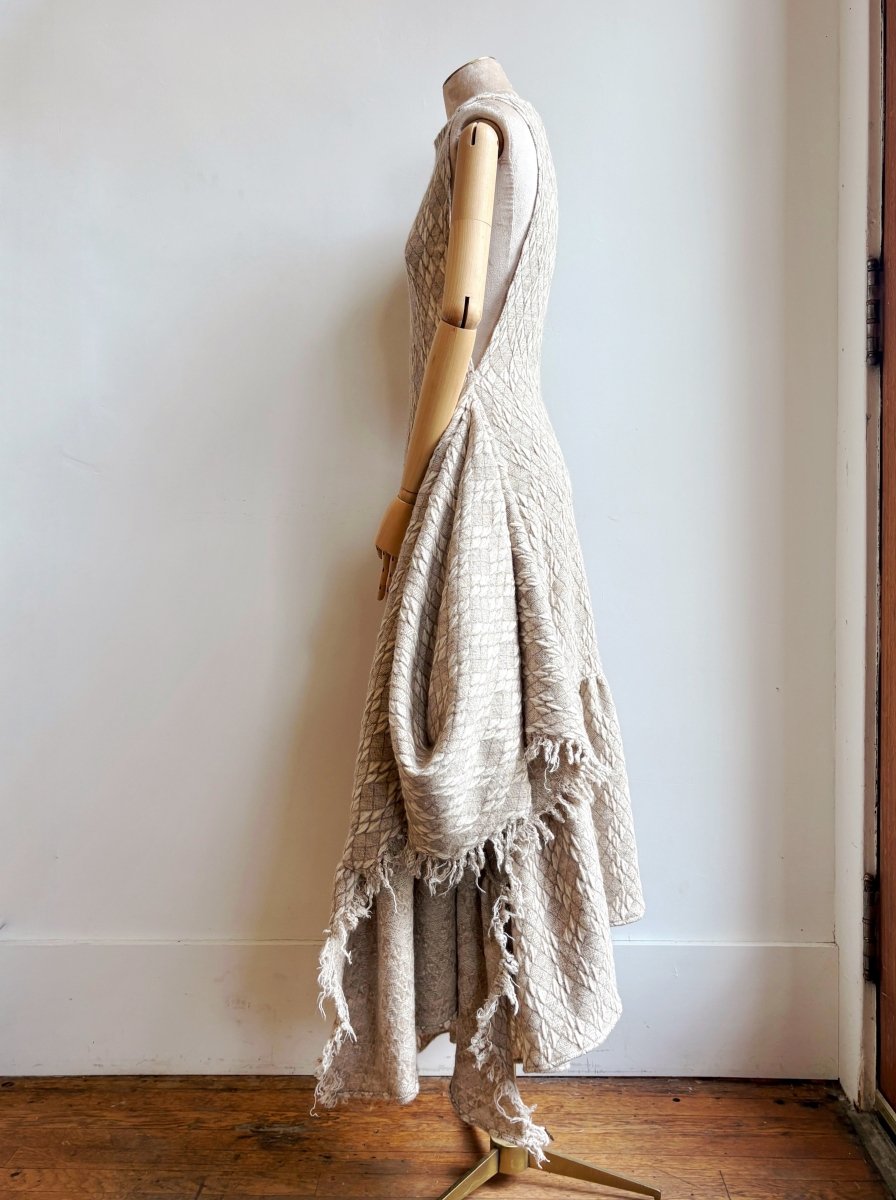 Zero Waste Ruffle Dress in Cream Textured Diamond Weave Print - Image 3